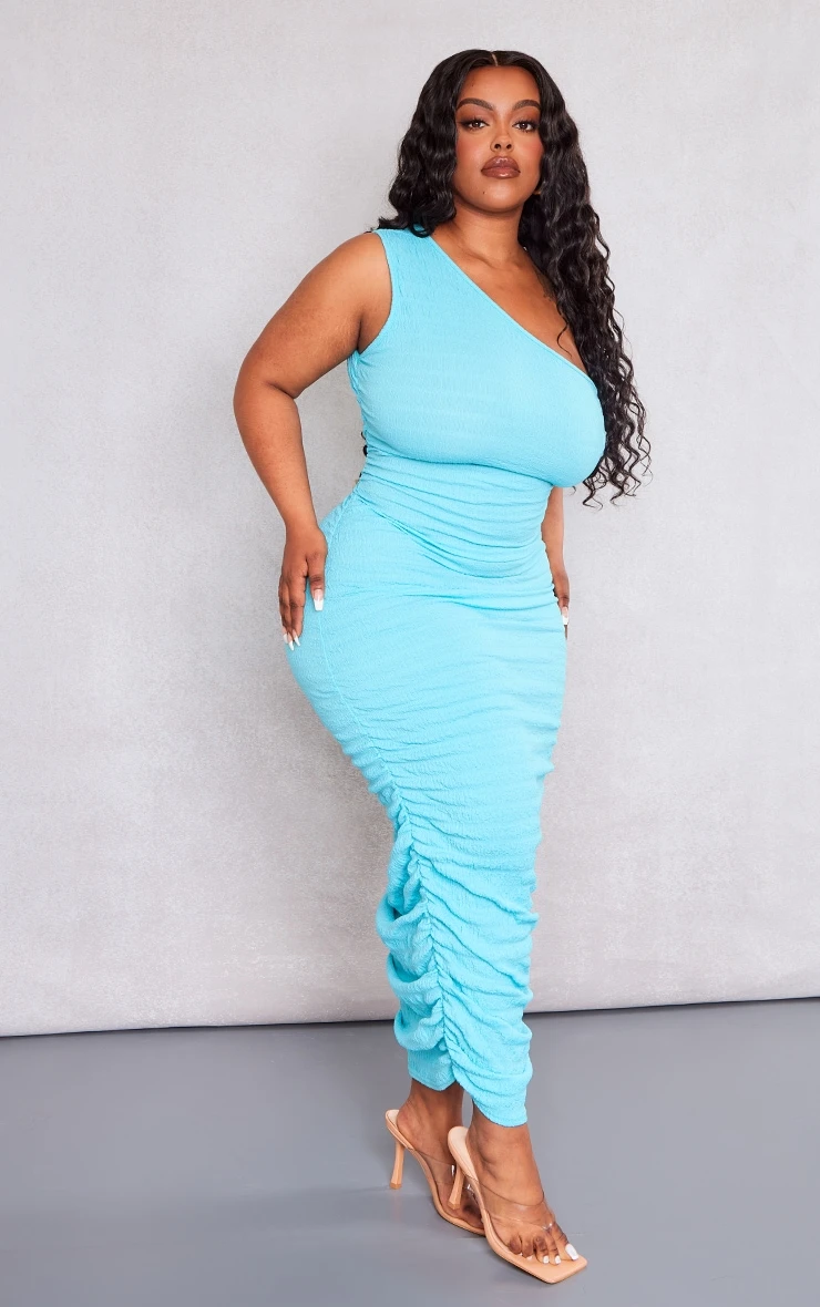 Plus Blue One Shoulder Textured Midi Dress 3 Plus Blue One Shoulder Textured Midi Dress