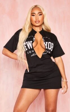 Shape Black New York Slogan V Neck Bodycon T Shirt Dress