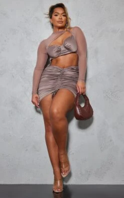 Shape Taupe Satin Cut Out Ruched Mesh Overlay Bodycon Dress -Goremje Style 01283e18eebc20c89aae412419862e85d039dc38 cnc4684 3