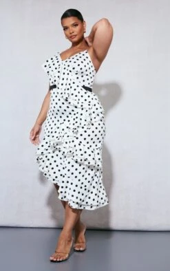 Plus White Polka Dot Ruffle Detail Midi Dress
