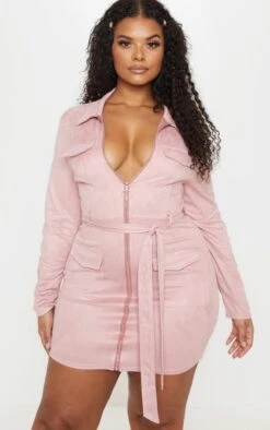 Plus Dusty Pink Faux Suede Pocket Detail Bodycon Dress -Goremje Style 027f1f360541e1e2955640886ffc4751ea6f0ee6 clw9603 4