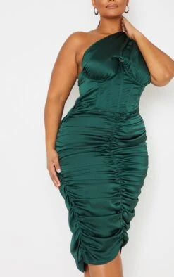 Plus Emerald Green One Shoulder Corset Ruched Satin Midi Dress -Goremje Style 029f2281680349e2e24906341787d26257f2b5d2 cmu1335 5