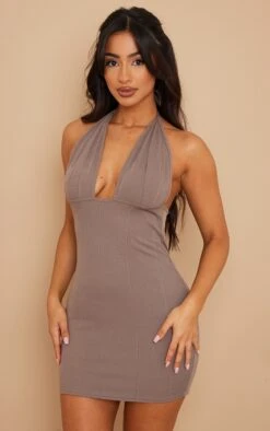 Petite Taupe Bandage Halterneck Bodycon Dress