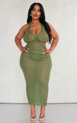 Plus Khaki Sheer Knit Cross Halter Neck Midi Dress -Goremje Style 03a078a1ef3943bfc719c430145e0147d9d8aa2c cnc7957 3