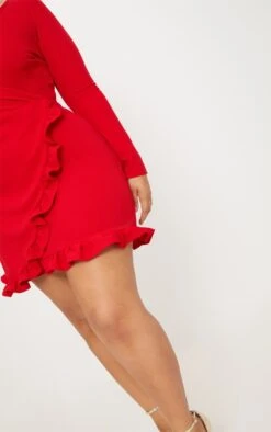 Plus Red Ruffle Detail Wrap Dress -Goremje Style 03a316449d28fdd351040de78d6fff83e32daf04 CLW4789 5