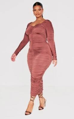 Plus Chocolate Long Sleeve Extreme Ruched Midaxi Dress -Goremje Style 052ffae7cf0a8ddb21b07b22cf6d87b5b01e9761 cnc9825 3