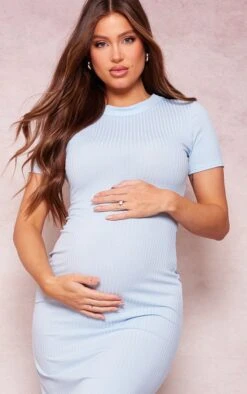 Maternity Blue Grey Ribbed Short Sleeve Midi Dress -Goremje Style 06a9ef6d5887ec159576d8561d596f9ca3a2cab2 cne8199 4