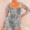 Shape Blue Statue Print Mesh Long Sleeve Ruched Side Frill Hem Bodycon Dress -Goremje Style 0724d312303ced7900dc34f83efc912a670e2c76 cne3056 1