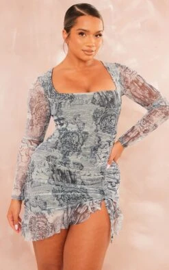 Shape Blue Statue Print Mesh Long Sleeve Ruched Side Frill Hem Bodycon Dress