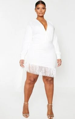 Plus White Long Sleeve Tassel Hem Drape Detail Bodycon Dress