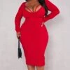 Plus Red Strap Detail Long Sleeve Midi Dress