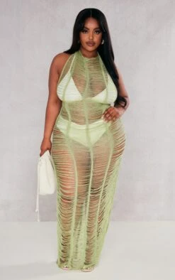 Plus Khaki Tassel Knit Beach Dress