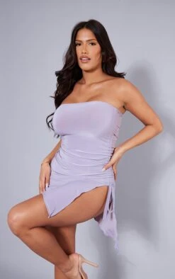 Shape Mauve Slinky Bandeau Ruched Side Frill Hem Bodycon Dress