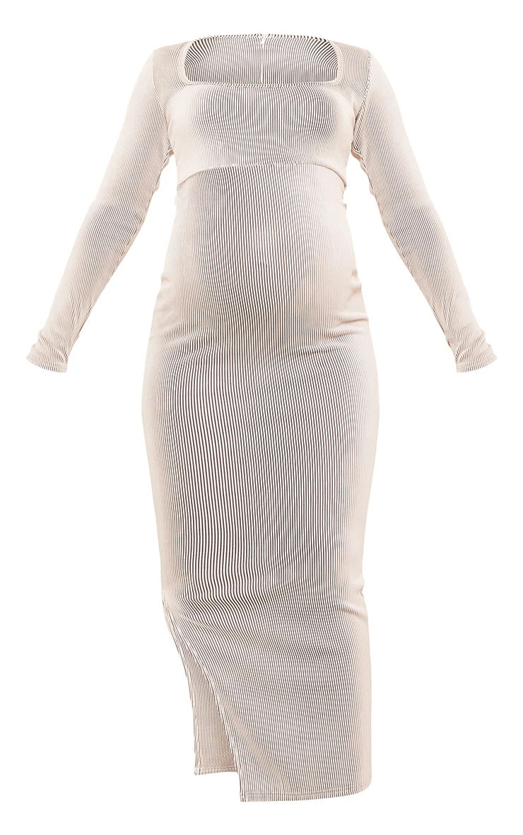 Maternity Cream Ribbed Long Sleeve Side Split Maxi Dress 7 Maternity Cream Ribbed Long Sleeve Side Split Maxi Dress - Image 5