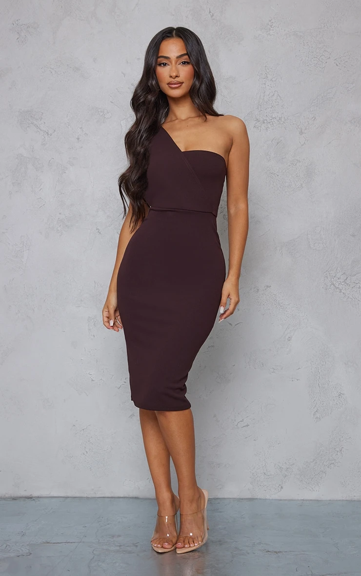 Petite Chocolate One Shoulder Drape Midi Dress 3 Petite Chocolate One Shoulder Drape Midi Dress