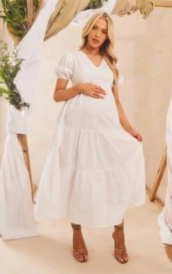 Maternity White Cotton Tiered Maxi Dress