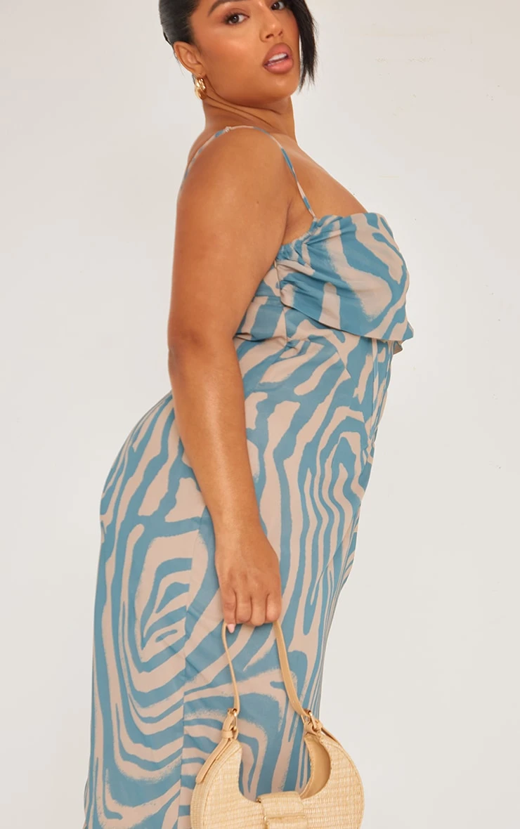 Plus Dusty Blue Tiger Printed Chiffon Drape Detail Midi Dress 6 Plus Dusty Blue Tiger Printed Chiffon Drape Detail Midi Dress - Image 4