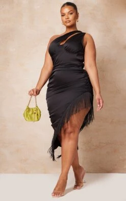 Plus Black Satin One Shoulder Ruched Side Midi Dress -Goremje Style 0b4780bcc678f2a28d553a36fbf7f35e7ffb64d2 cmw3997 4