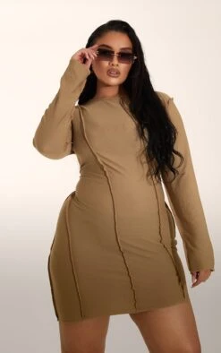 Plus Stone Overlock Seam Long Sleeve Bodycon Dress