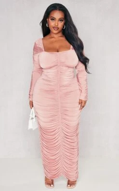 Plus Rose Long Sleeve Extreme Ruched Midaxi Dress -Goremje Style 0c1a0f3d0928fc33dcd84b721c26639553d2449e cnc9826 3