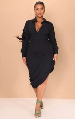 Plus Black Textured Ruched Side Midi Shirt Dress -Goremje Style 0cc6455d9460ab3764019edb5283178293dfc03f cmw4074 4