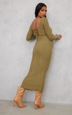Maternity Khaki Knitted Midaxi Tie Back Bodycon Dress