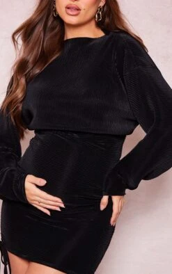 Maternity Black Plisse Bodycon Mini Dress -Goremje Style 0cee28ee7fb7167ca38da6957ec1bd88782311c3 cne2142 4