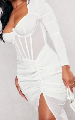 Shape Cream Corset Detail Long Sleeve Ruched Midi Dress -Goremje Style 0dcbae6a8f58e81ab606508b03b51218c329c998 cnd5806 4