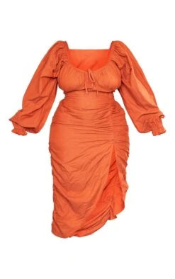Plus Rust Linen Look Ruched Side Split Midi Dress -Goremje Style 0dfbff9cbaa34bfe0ccee3d9e21e099f8ac38de9 cnd6503 5