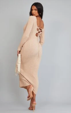 Maternity Oatmeal Knitted Midaxi Tie Back Bodycon Dress