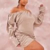 Plus Mushroom Linen Look Ruched Bardot Bodycon Dress -Goremje Style 106414d0cc1390e97c7713613d5a0033c2ebe806 cnd7648 1