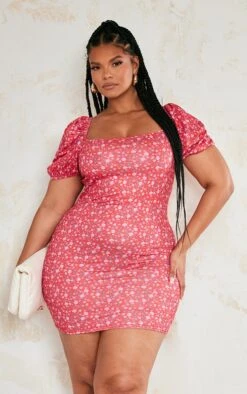 Plus Red Ditsy Floral Puff Sleeve Bodycon Dress -Goremje Style 10ade4b66f78aaf03b6abfdcbd4c0a0dfd01c393 cnd8705 3