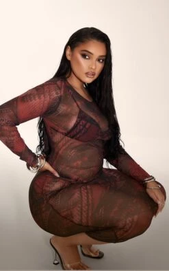 Plus Burgundy Denim Print Mesh Midaxi Dress -Goremje Style 10ccedb1e4160e768f4db40004ce1b420cf79295 cnc5570 4