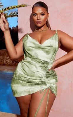 Plus Khaki Tie Dye Cowl Ruched Front Bodycon Dress