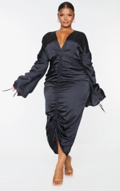 Plus Black Satin Ruched Plunge Bodycon Midi Dress