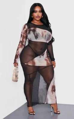 Plus Black Textured Printed Contrast Mesh Midi Dress -Goremje Style 1192cc8271c72b607ac95a80e48315385bb33811 cne0541 3