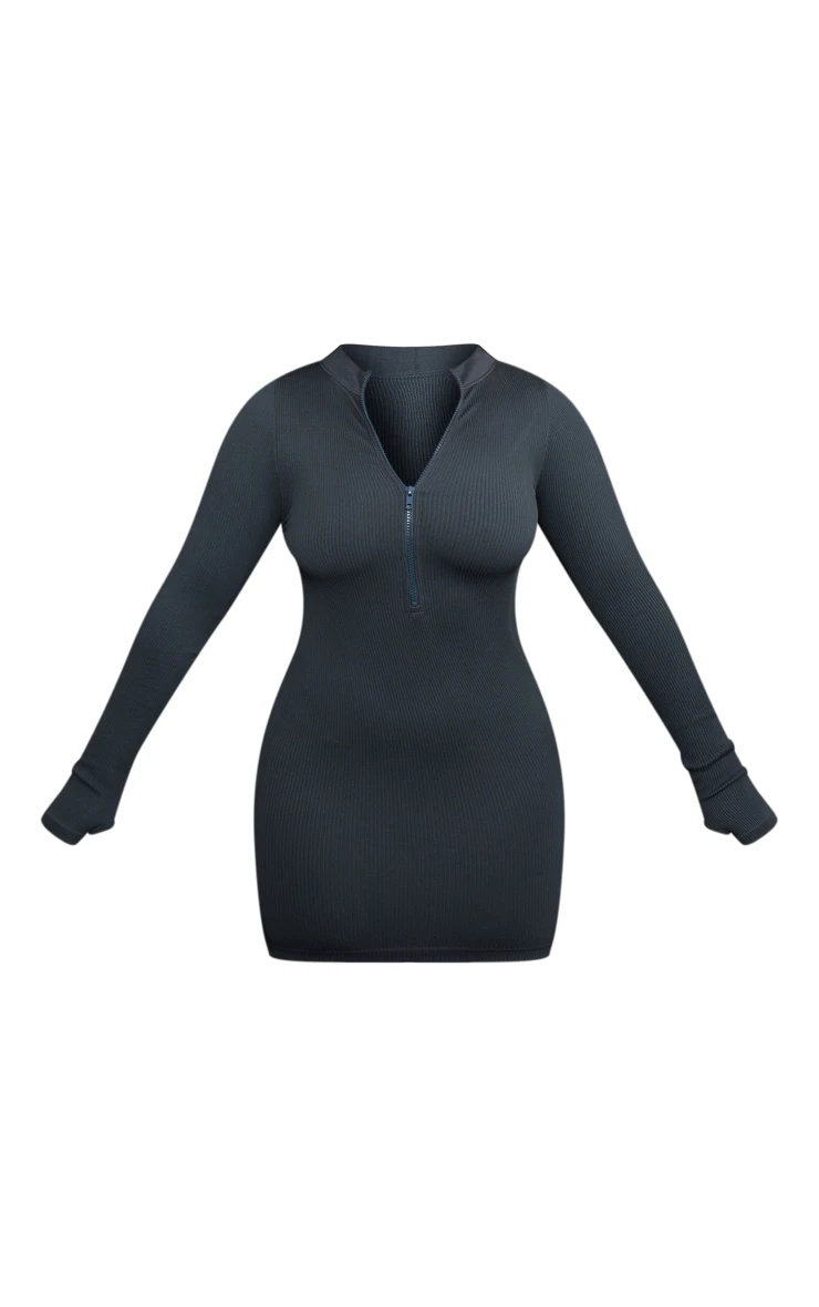 Shape Charcoal Contour Rib Zip Long Sleeve Bodycon Dress 7 Shape Charcoal Contour Rib Zip Long Sleeve Bodycon Dress - Image 5
