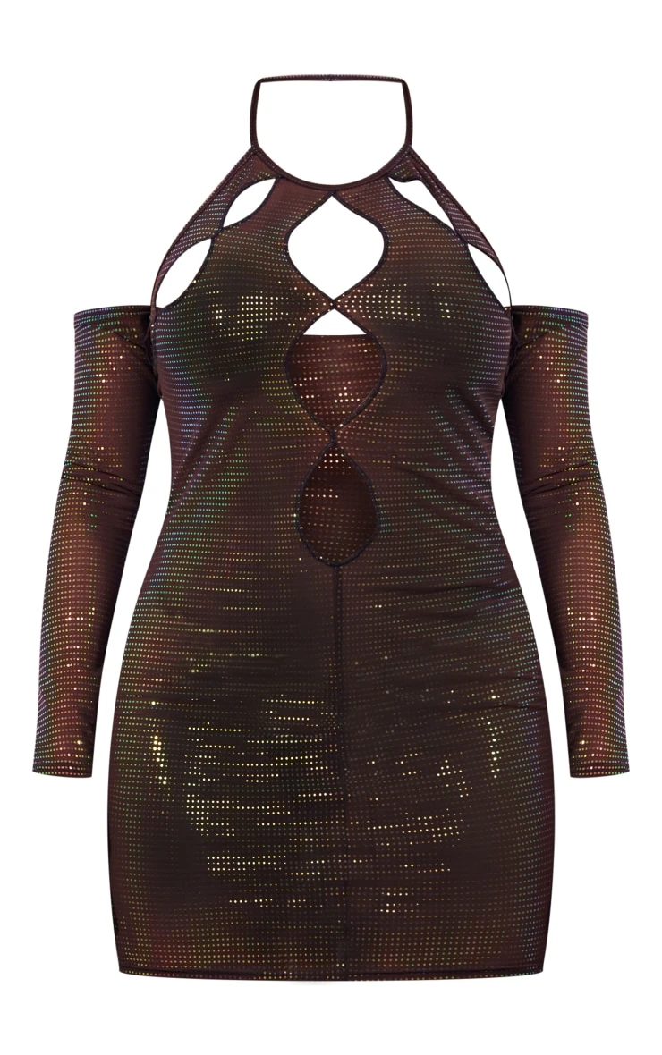 Shape Chocolate Brown Glitter Mesh Cut Out Front Bardot Sleeve Bodycon Dress 7 Shape Chocolate Brown Glitter Mesh Cut Out Front Bardot Sleeve Bodycon Dress - Image 5
