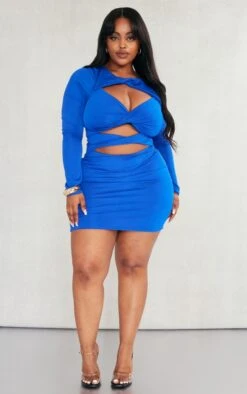 Plus Bright Blue Long Sleeve Cut Out Bodycon Dress