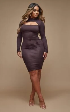 Shape Chocolate Brown Jersey Cut Out Long Sleeve Midi Dress