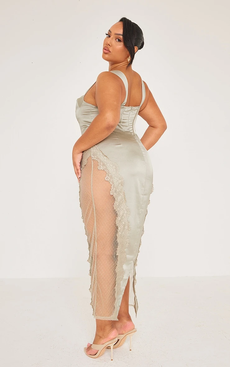 Plus Sage Green Lace Trim Corset Midi Dress 4 Plus Sage Green Lace Trim Corset Midi Dress - Image 2