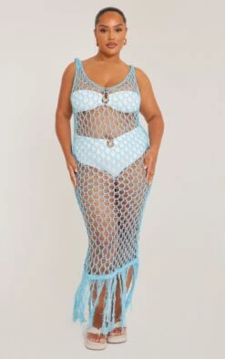 Plus Blue Fishnet Knitted Maxi Dress