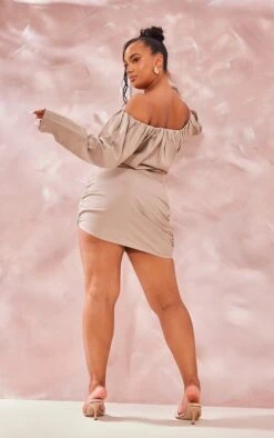 Plus Mushroom Linen Look Ruched Bardot Bodycon Dress -Goremje Style 1644d13997aac95c190fa36af0c26df9f7e4ea8c cnd7648 2