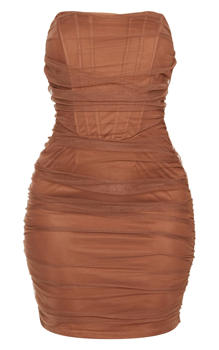 Shape Chocolate Brown Mesh Corset Detail Ruched Bodycon Dress 7 Shape Chocolate Brown Mesh Corset Detail Ruched Bodycon Dress - Image 5