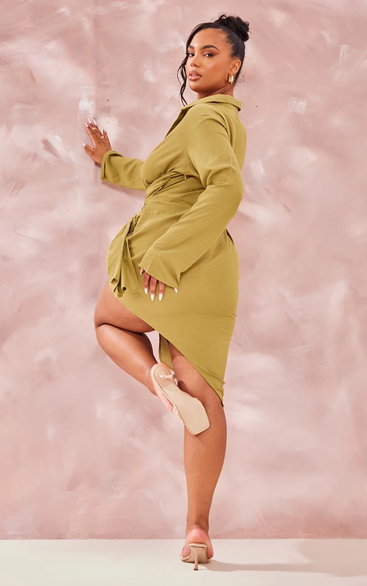 Plus Olive Linen Look Wrap Detail Shirt Dress 4 Plus Olive Linen Look Wrap Detail Shirt Dress - Image 2