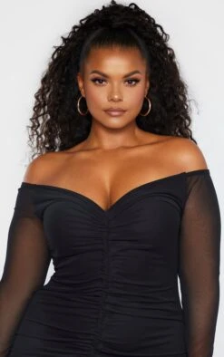 Plus Black Mesh Ruched Bardot Midi Dress -Goremje Style 192367b00ad95acf5624ac664fb28daf7caca7fb cme0480 5