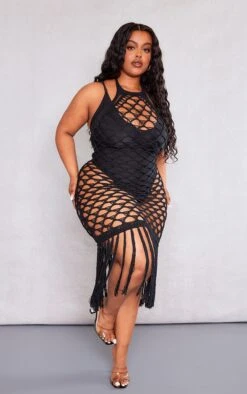 Plus Black Halterneck Tassel Detail Knitted Beach Dress