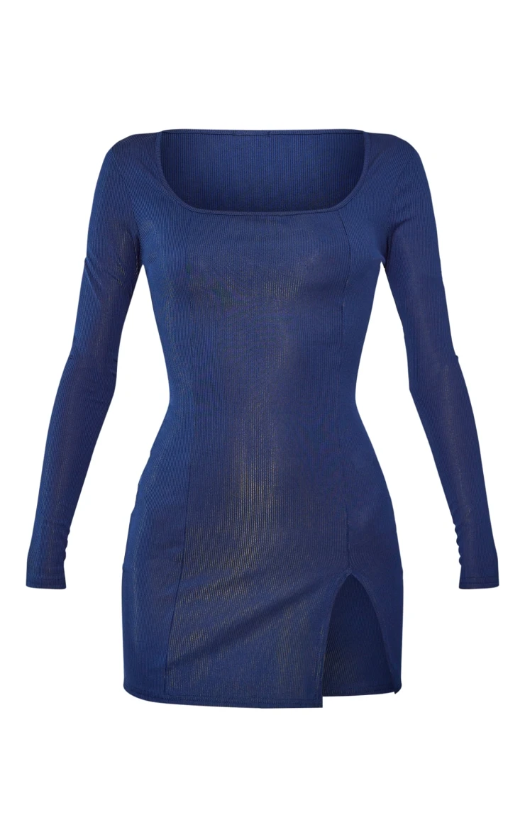 Tall Navy Rib Split Hem Square Neck Long Sleeve Bodycon Dress 7 Tall Navy Rib Split Hem Square Neck Long Sleeve Bodycon Dress - Image 5