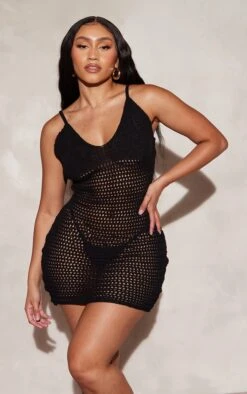 Shape Black Crochet Knit Strappy Mini Dress