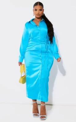 Plus Blue Wrap Front Satin Maxi Shirt Dress -Goremje Style 1b333d4b4cb0f4c089e5d1a2a8e26ae426fb761c cna1419 3